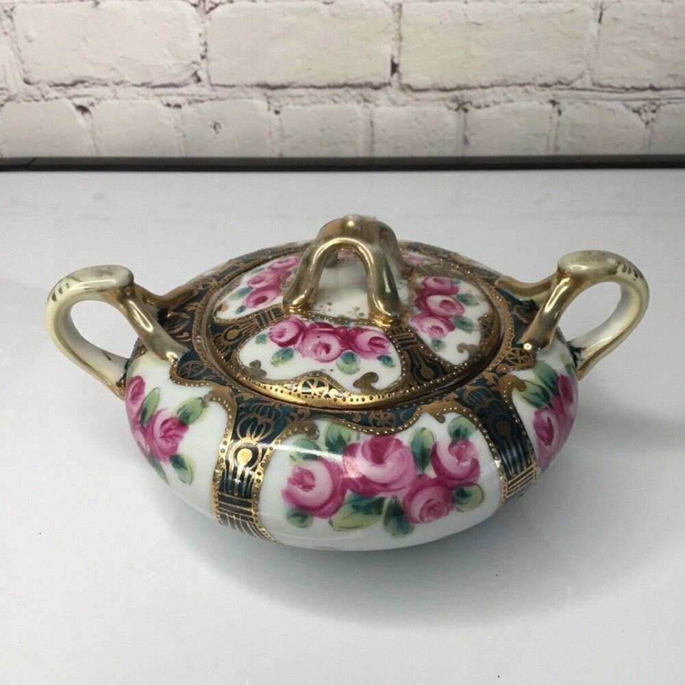 VTG Nippon Hand Painted Embellished Floral Gold Lidded‎ Sugar Bowl